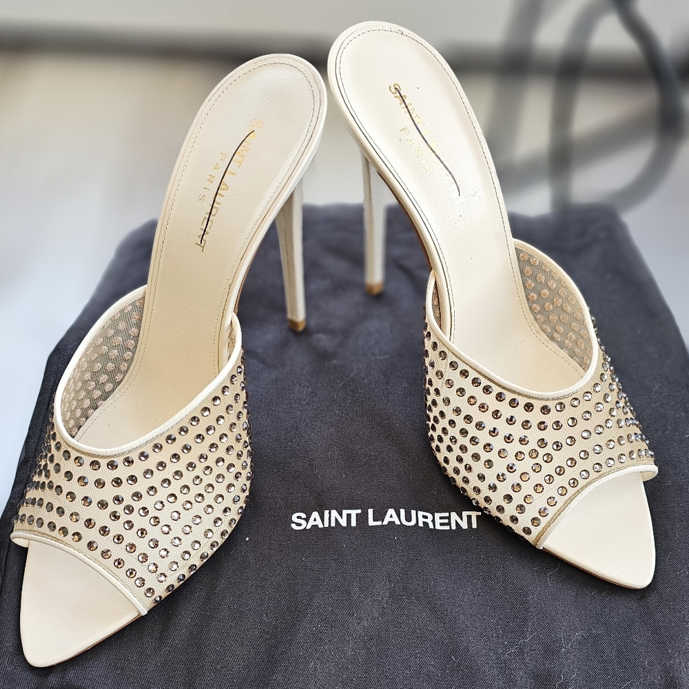 SAINT LAURENT Gippy Crystal Mesh Stiletto Mules Color Nude & Crystal 40 - Picture 6 of 16